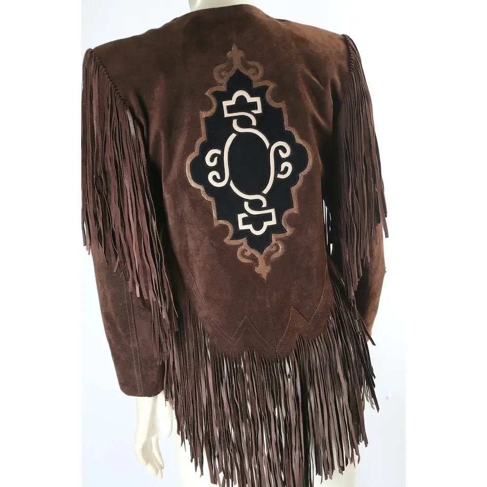 Vintage Brown Suede Fringe Western Jacket XS Boho Embroidered Statement Piece - Picture 10 of 16